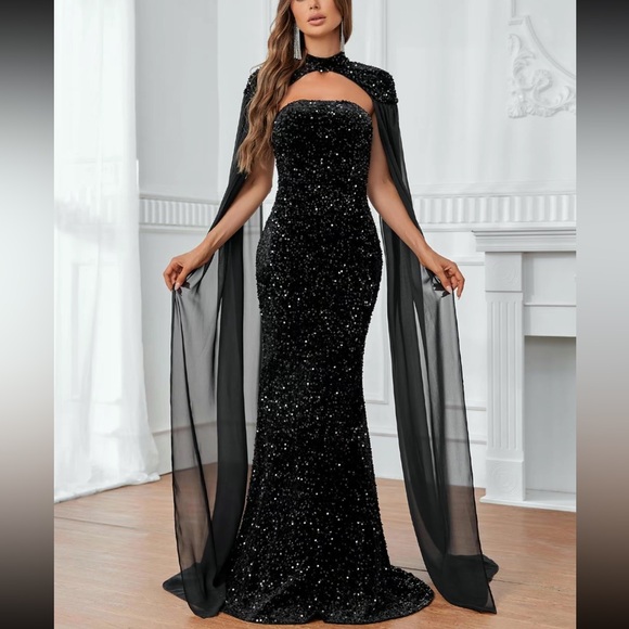 Glitter Sequin Tube Mermaid Dress & Cloak Sleeve Mesh Cape - Picture 7 of 11